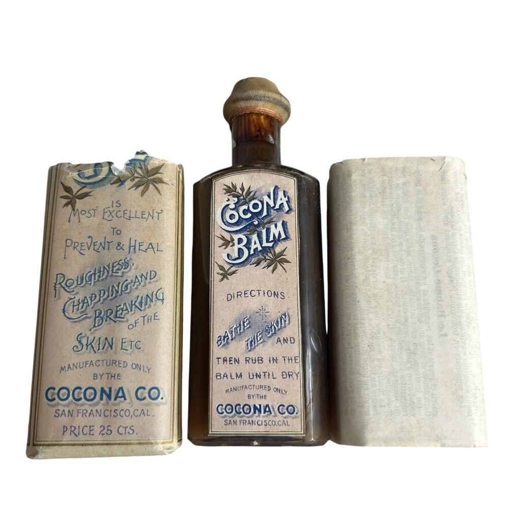 COLORFUL pre - 1886 COCONA BALM bottle SAN FRANCISCO all original LABEL CONTENTS